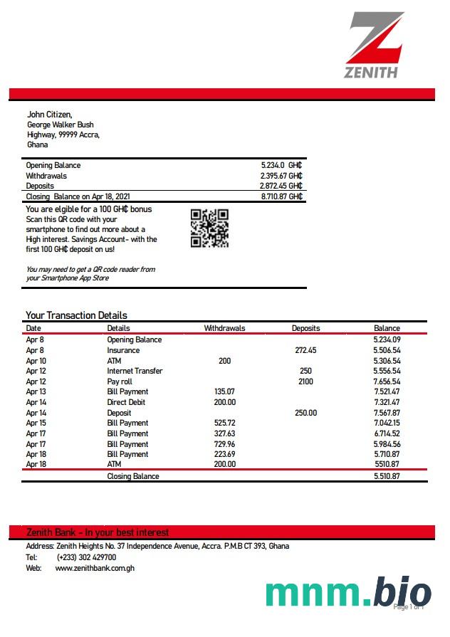 Szablon wyciągu bankowego Ghana Zenith w programie Word i PDF